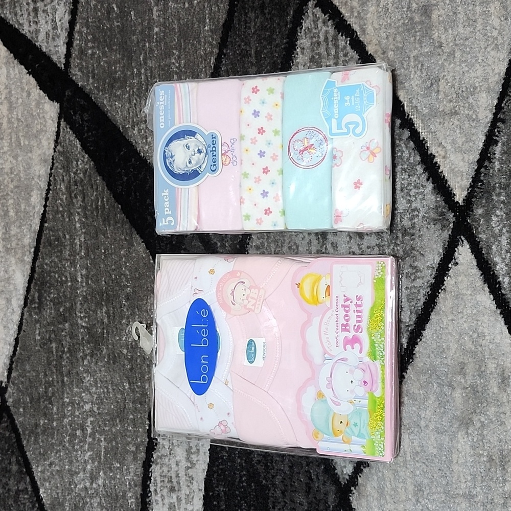 BON BEBE NEWBORN 3 PC BODY SUITS GERBER 3-6 MOS. 5 PC ONESIES COTTON BUNDLE NEW